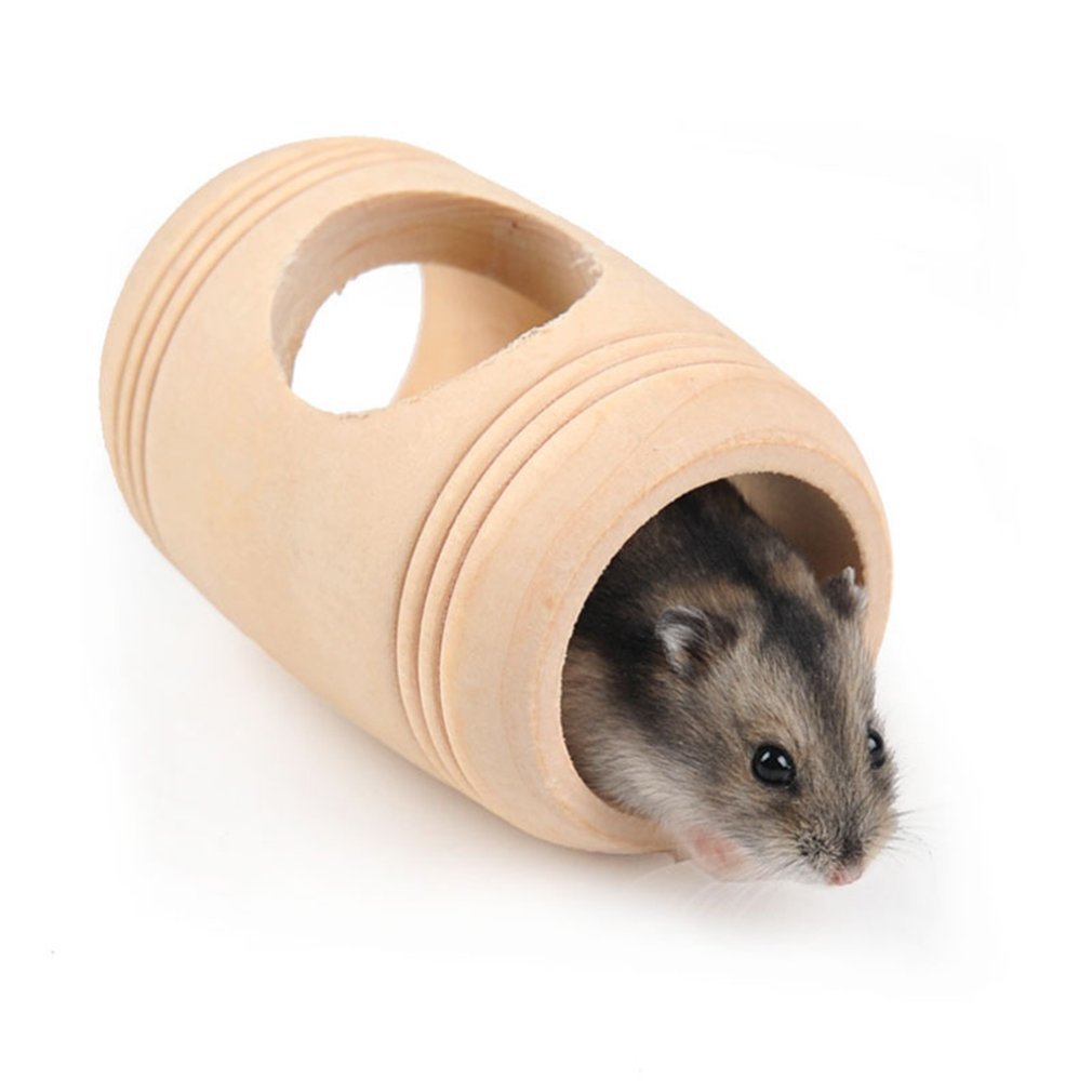 Wooden Hamster Toy House with Barrel Tunnel for hamsters from Burrowly small pet supplies.