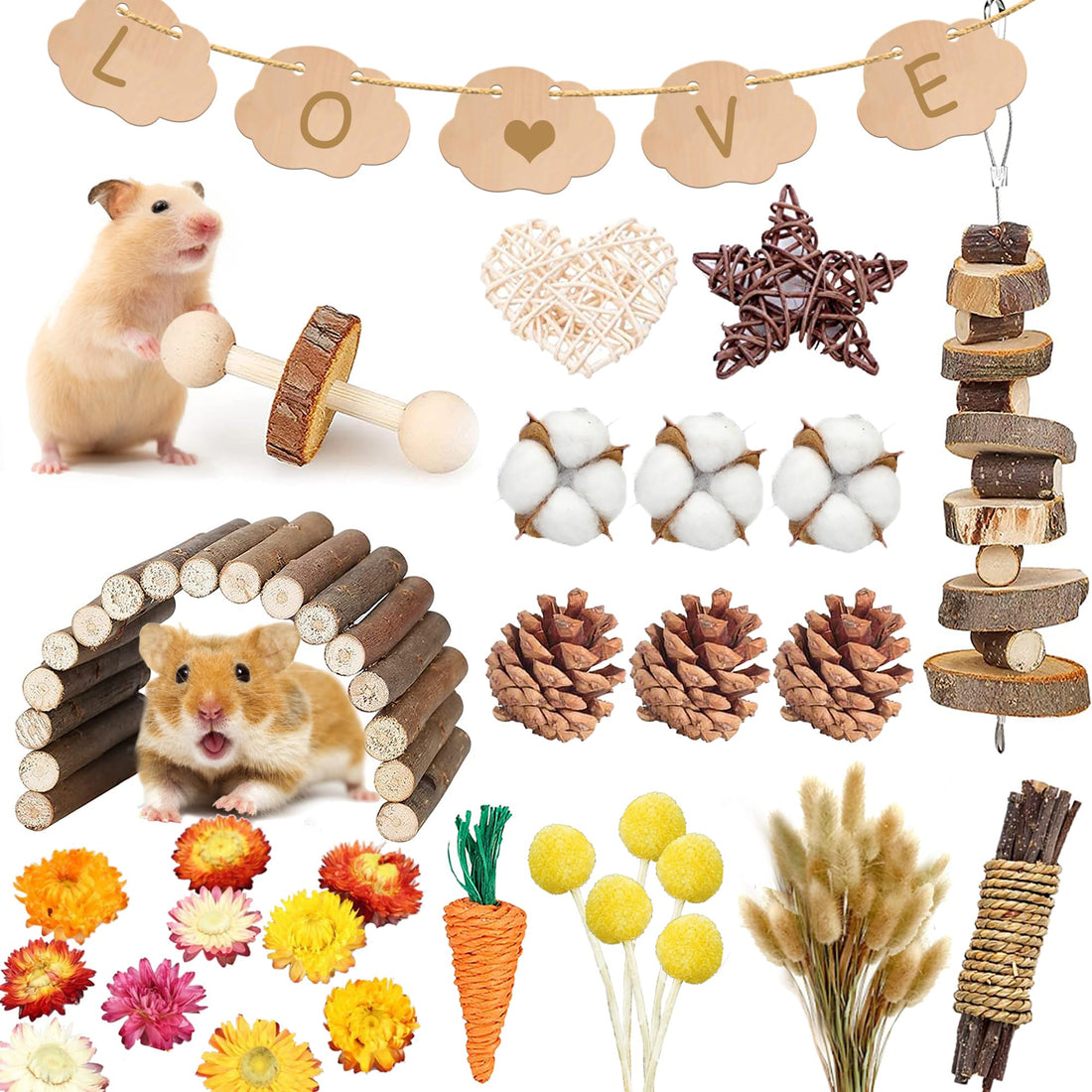 Wooden Hamster Chew Toy and Flower Decor Set for small pets, selected by Burrowly for chewing and enrichment.