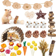 Wooden Hamster Chew Toy and Flower Decor Set for small pets, selected by Burrowly for chewing and enrichment.