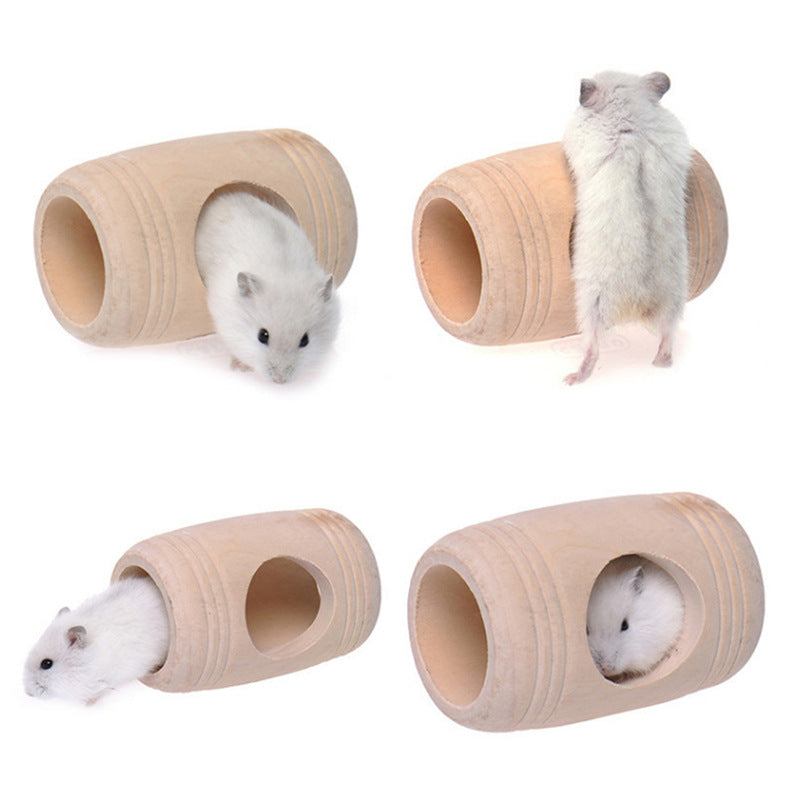 Wooden Hamster Toy House with Barrel Tunnel for hamsters from Burrowly small pet supplies.
