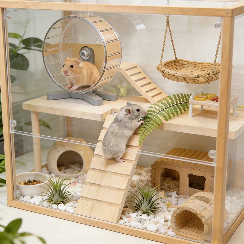 Thick L-shaped Wooden Hamster Platform with Stairs Climbing Hideout