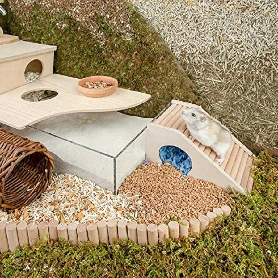 Wooden climbing ladder house for hamster and gerbil habitat enrichment from Burrowly.