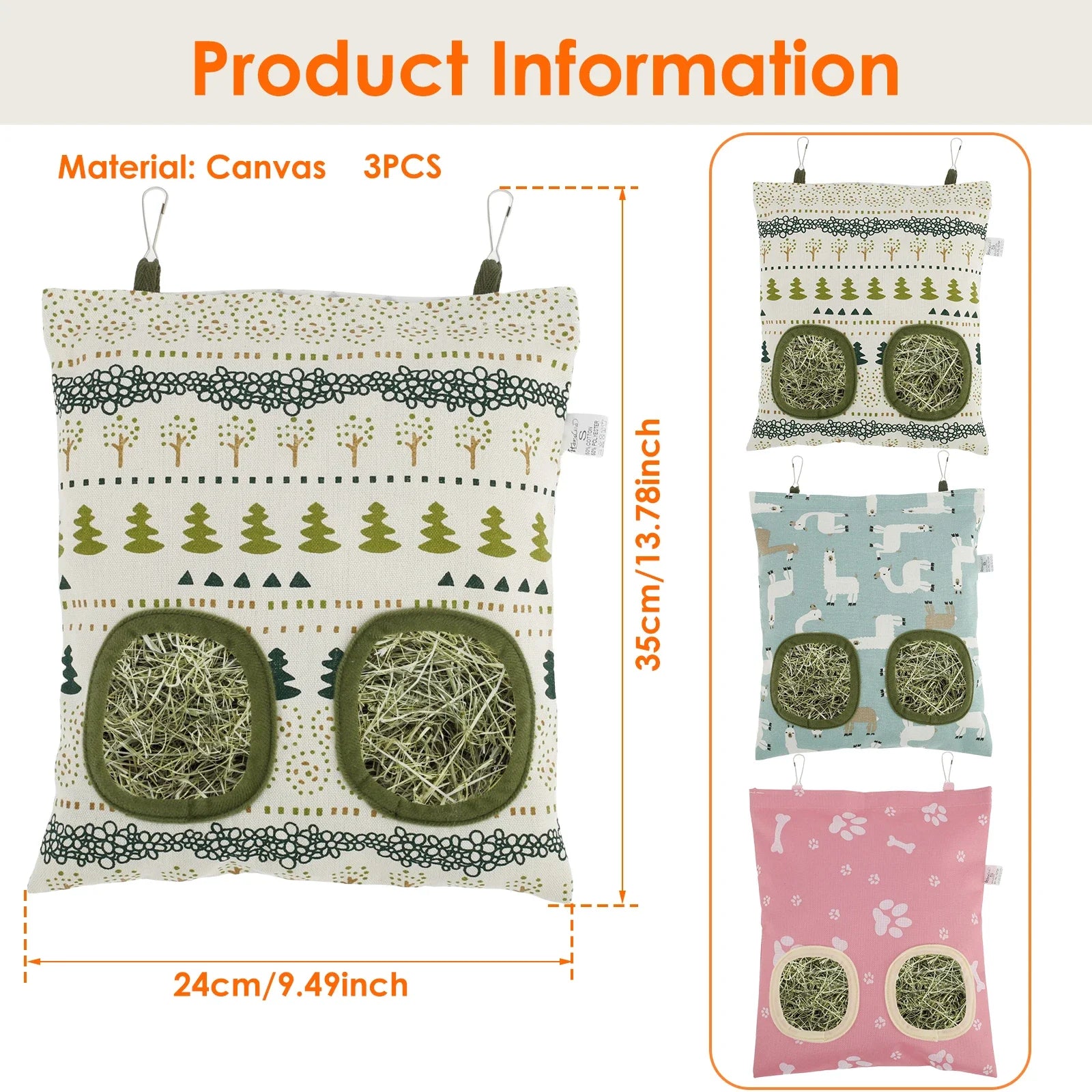 3pcs Hay Bag Hanging Pouch Feeder Feeding Dispenser Container Small Animal