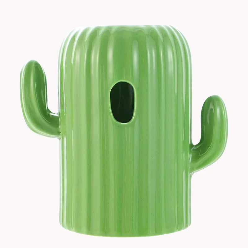 Hamster Ceramic Nest Green Cactus Theme Feeding Bowl Water Bottle Holder