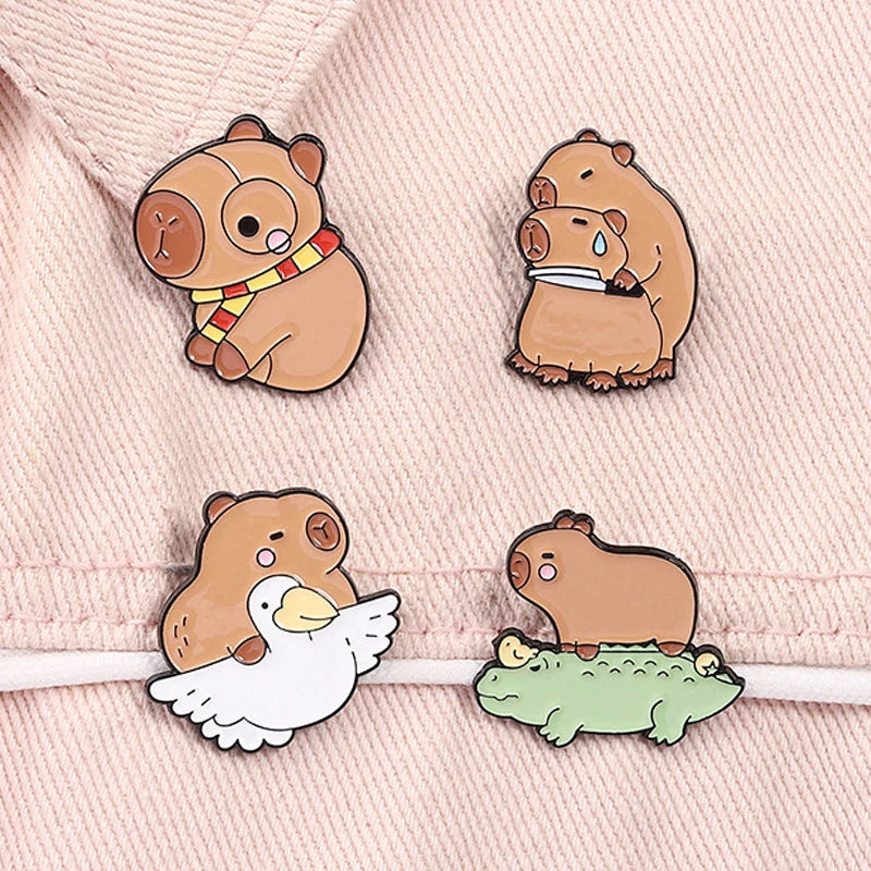 Cute Animal Capybara Enamel Pins Cartoon Partridge Crocodile Magic Scarf Cavy Lapel Badges Backpack Jewelry Gifts For Kids