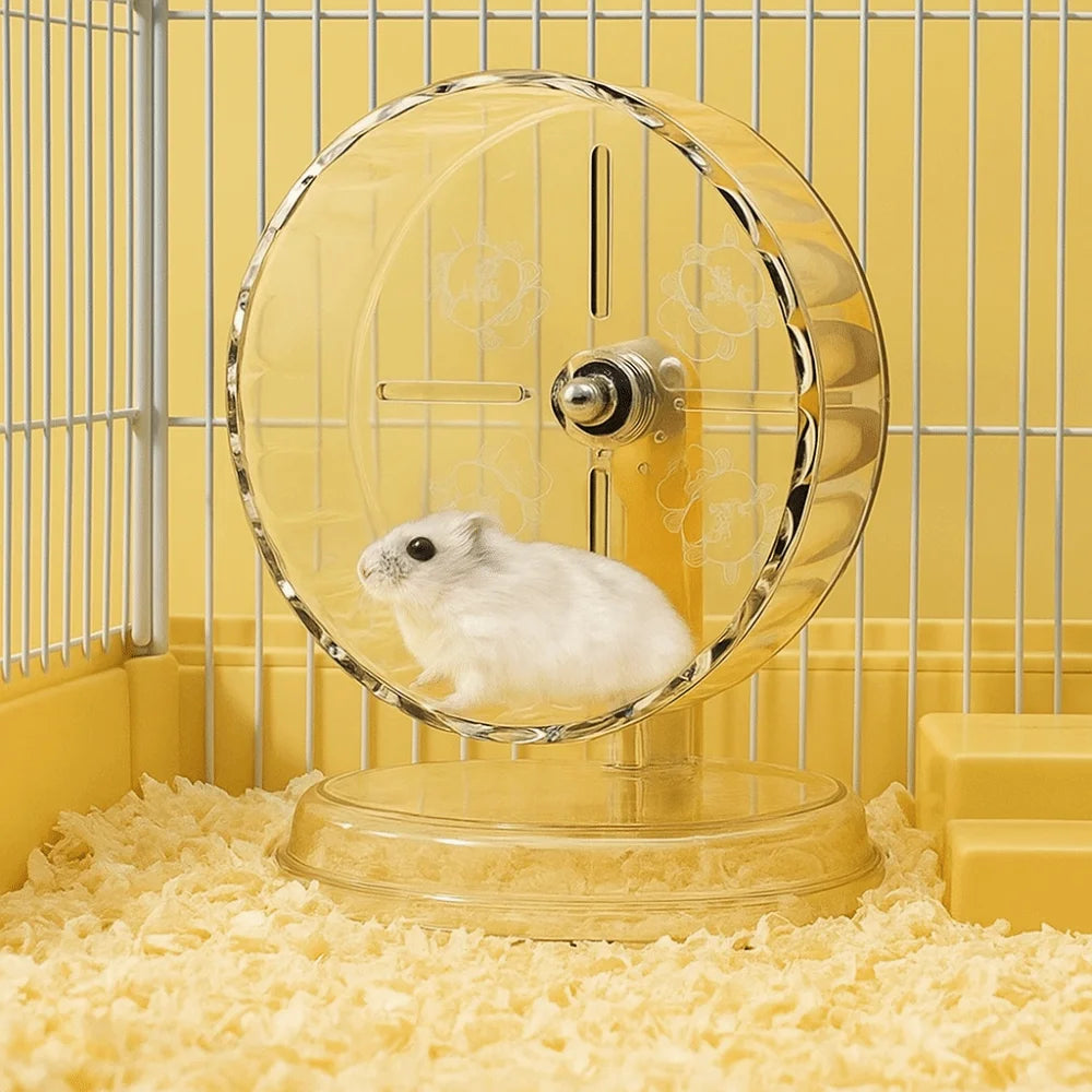 Transparent silent hamster exercise wheel for Burrowly small pet enrichment.