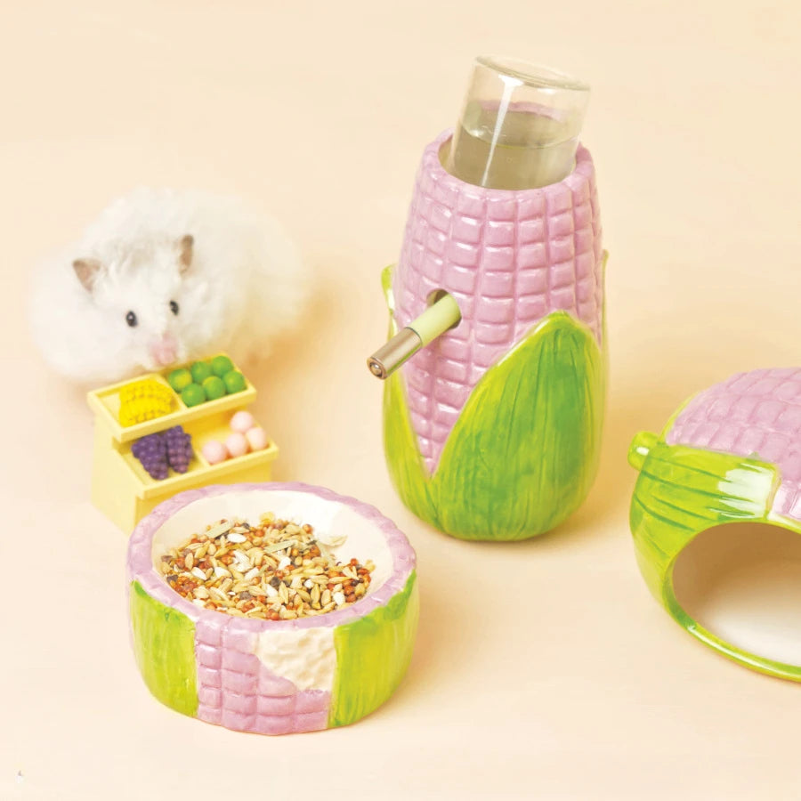 Corn Ceramic Hamster Hideout and Feeder from Burrowly for bowls & bottles and small pet care.
