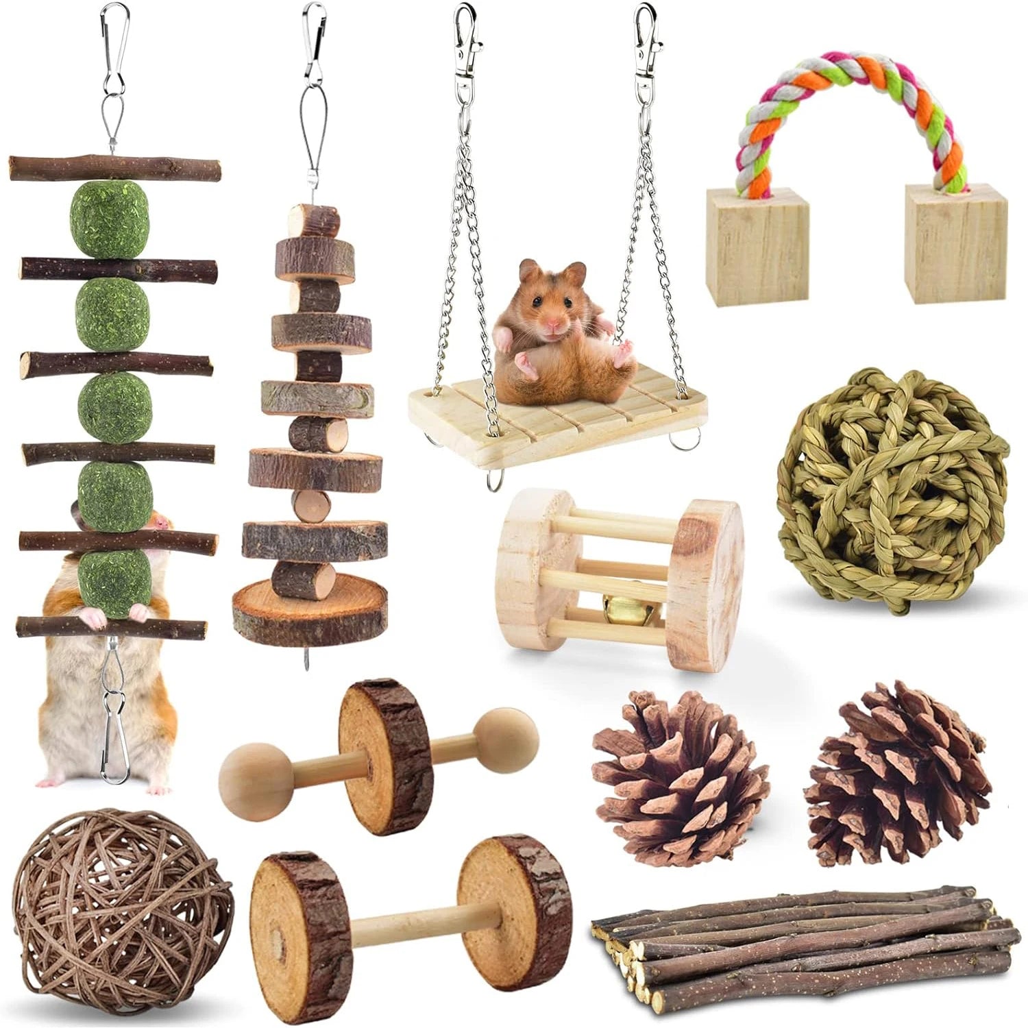 Cute Rabbit Roller Toys Natural Wooden Pine Dumbells Unicycle Bell Chew for Burrowly enrichment toys and small pet care.