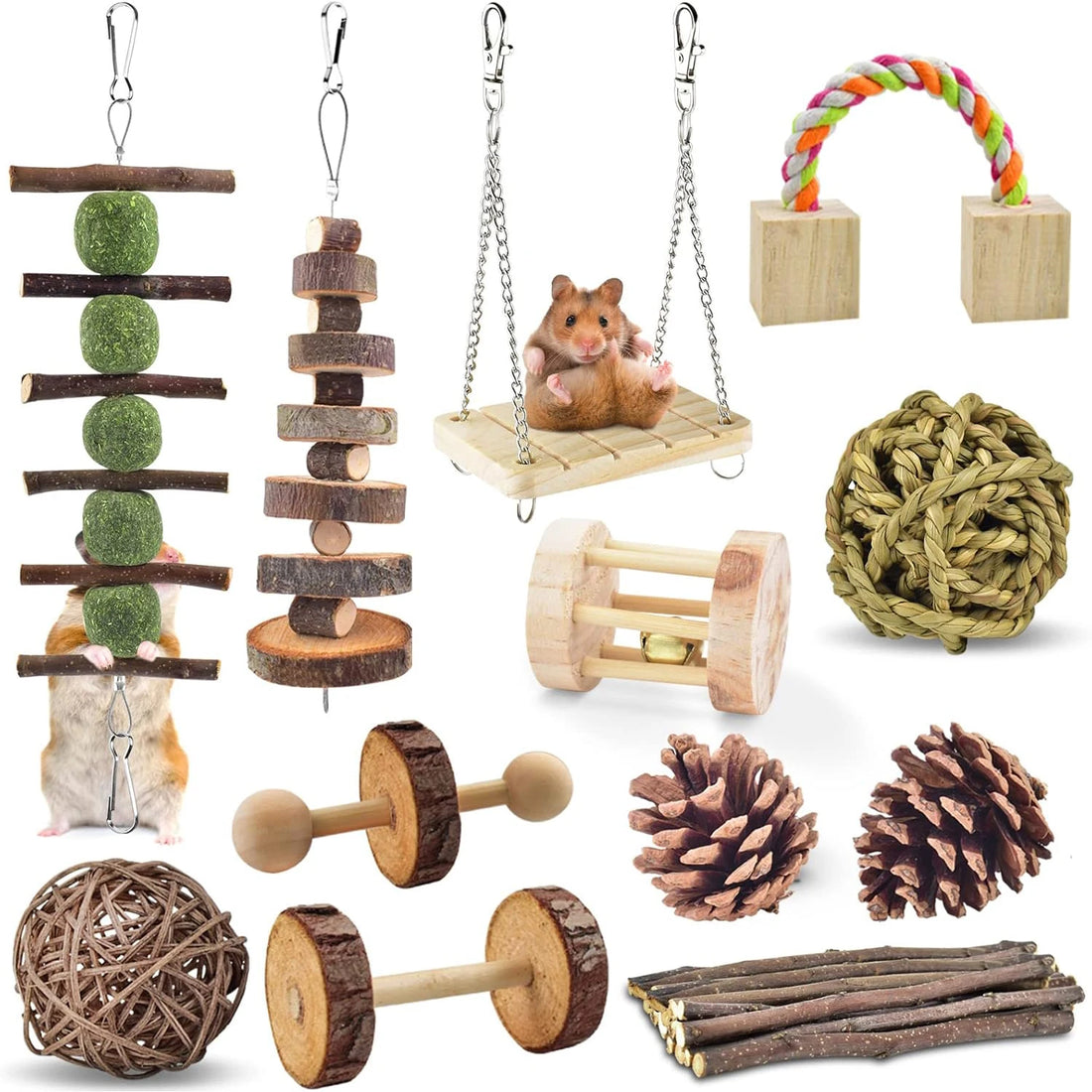 Cute Rabbit Roller Toys Natural Wooden Pine Dumbells Unicycle Bell Chew for Burrowly enrichment toys and small pet care.