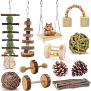 Cute Rabbit Roller Toys Natural Wooden Pine Dumbells Unicycle Bell Chew for Burrowly enrichment toys and small pet care.