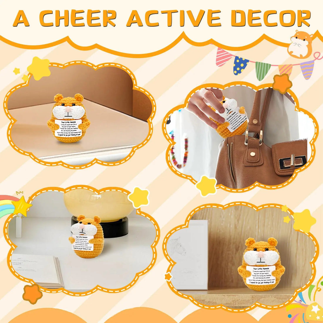 Funny Crochet Positive Hamster Doll with Card Home Room Decoration Handmade Knitted Hamster Desktop Ornament Christmas Gifts