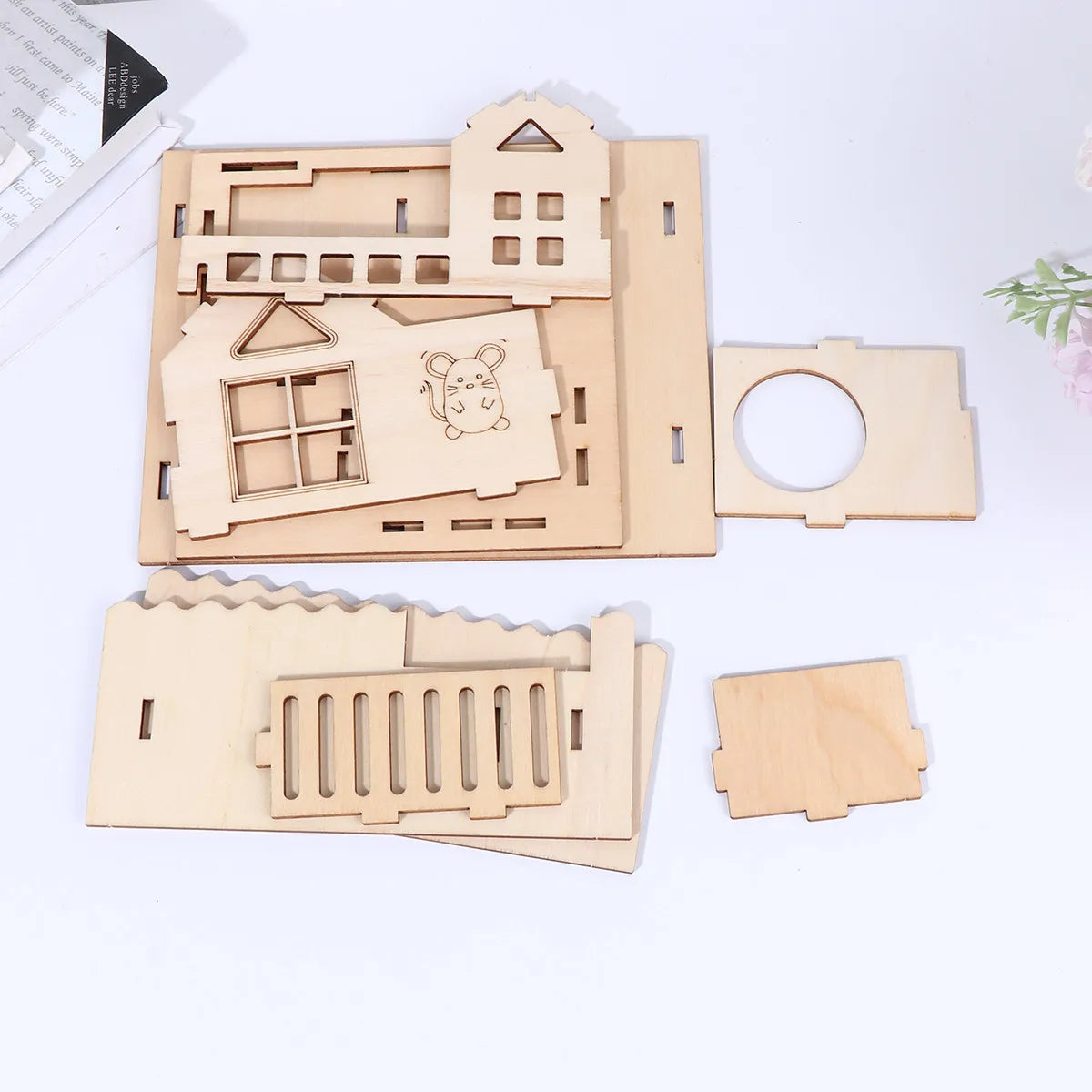 Wooden Cabin Hamster Natural Solid Wood Color DIY Painting Double Layer Villa for Hamsters Gerbils Rats with Ladder Board