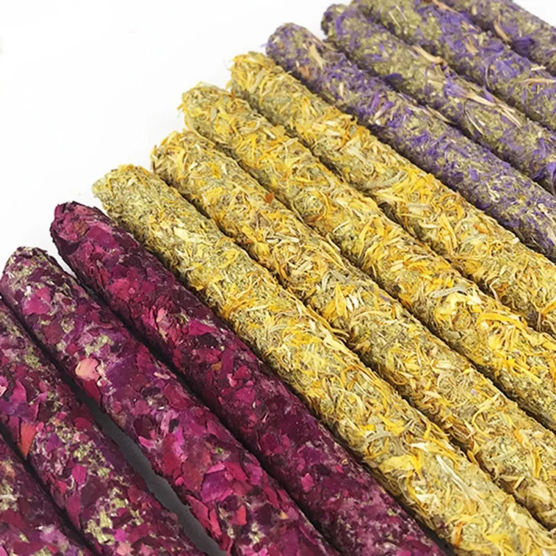 6PCS Hamsters Chew Sticks Rabbit Teeth Grinding Toys Mixed Natural Flower Chew Toys Treats For Rabbits Chinchilla Guinea Pig