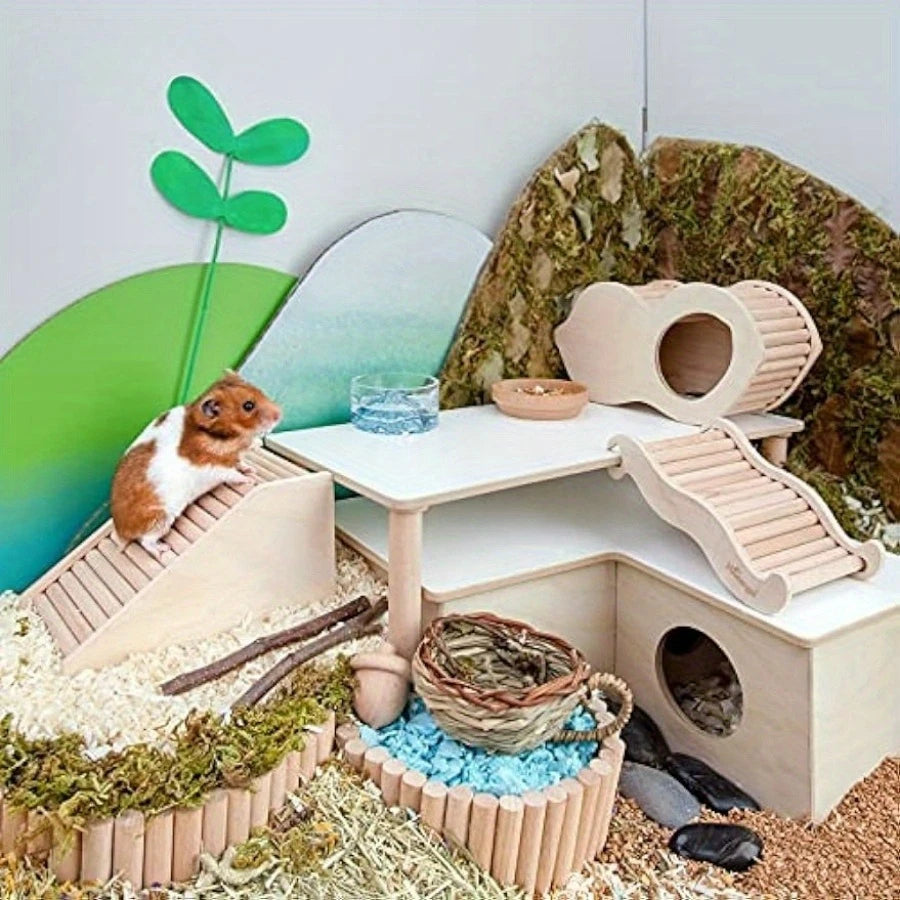 Wooden climbing ladder house for hamster and gerbil habitat enrichment from Burrowly.