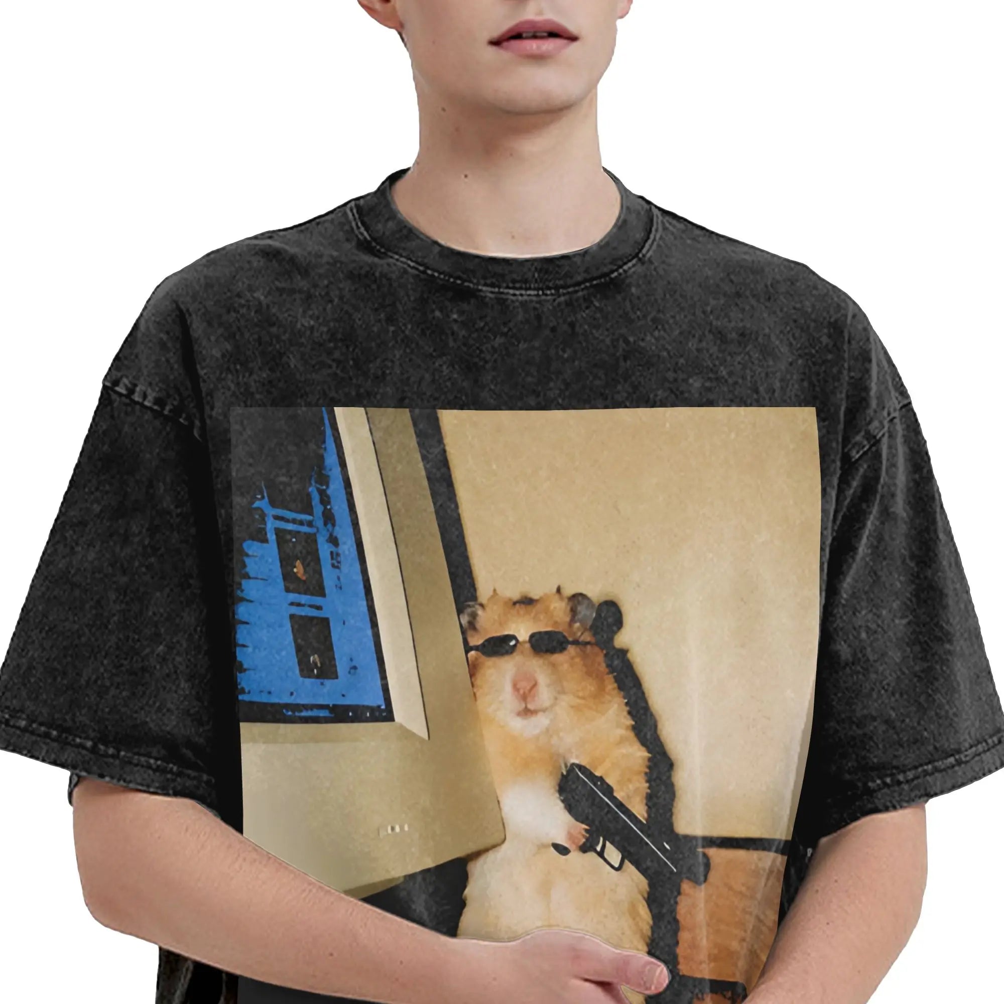 Cyber Hamster Meme Funny Animal Washed T Shirts Streetwear Hip Hop Vintage T-Shirt Tees Tops Men Women Cotton High Street Summer
