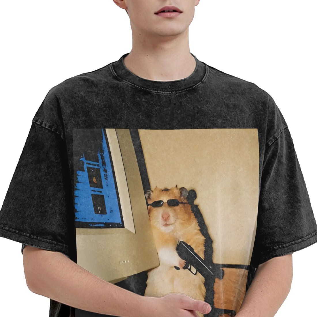 Cyber Hamster Meme Funny Animal Washed T Shirts Streetwear Hip Hop Vintage T-Shirt Tees Tops Men Women Cotton High Street Summer