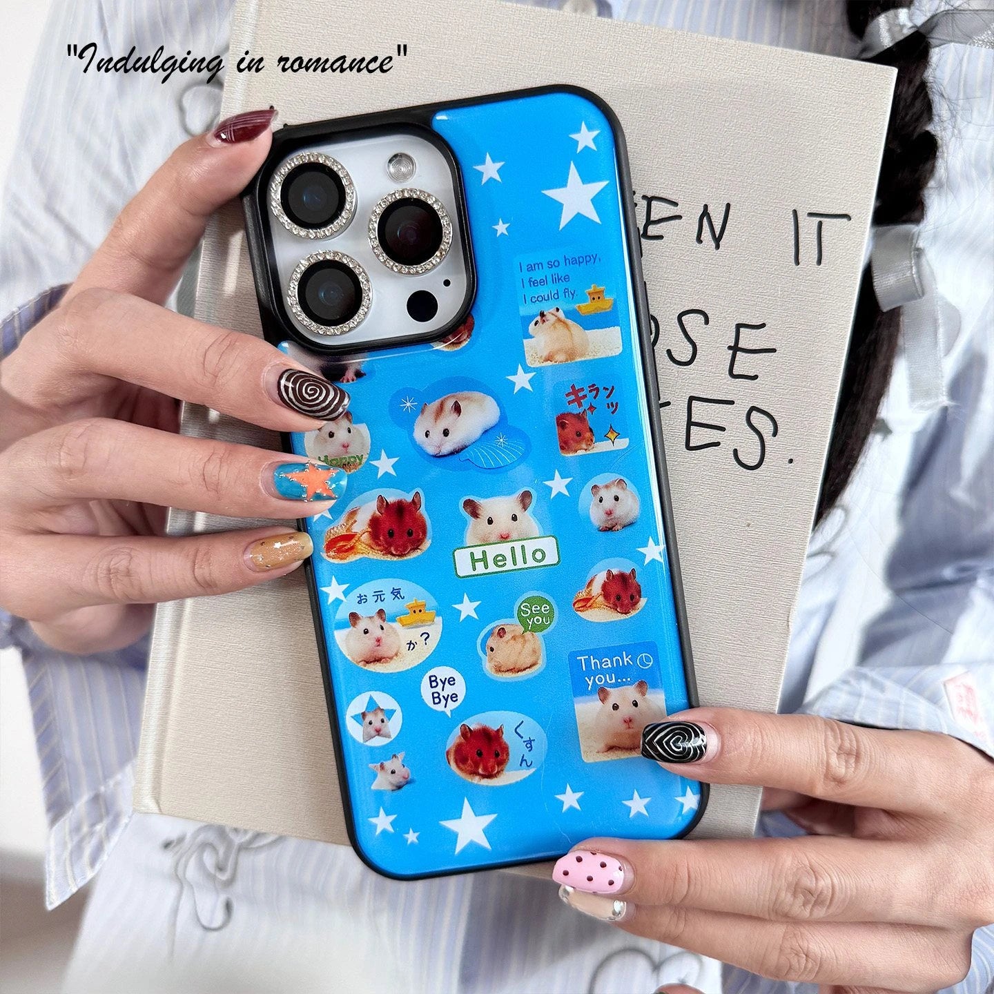New Fashion Y2K Cute Hamster Sticker Print Blue Phone Case For iPhone 17 Air 16 15 14 13 12 11 Pro Max Plus Shockproof Cover
