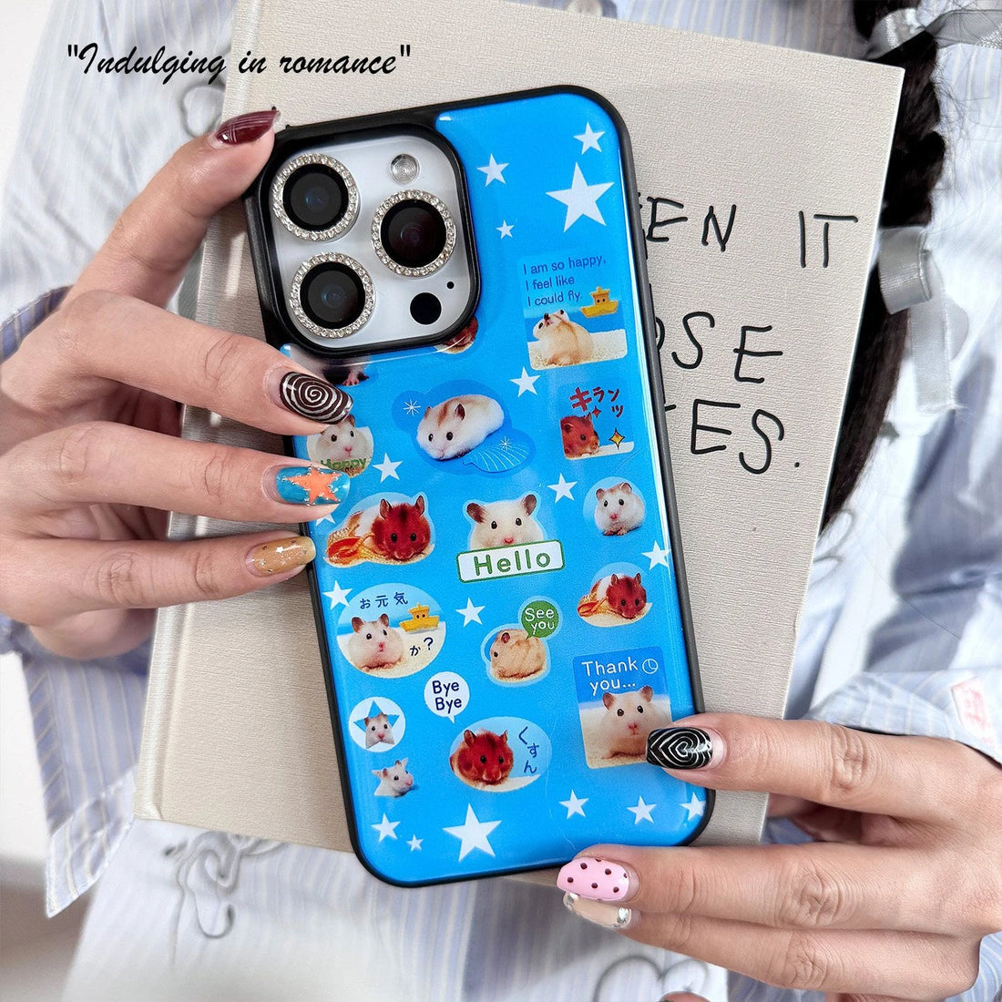 New Fashion Y2K Cute Hamster Sticker Print Blue Phone Case For iPhone 17 Air 16 15 14 13 12 11 Pro Max Plus Shockproof Cover