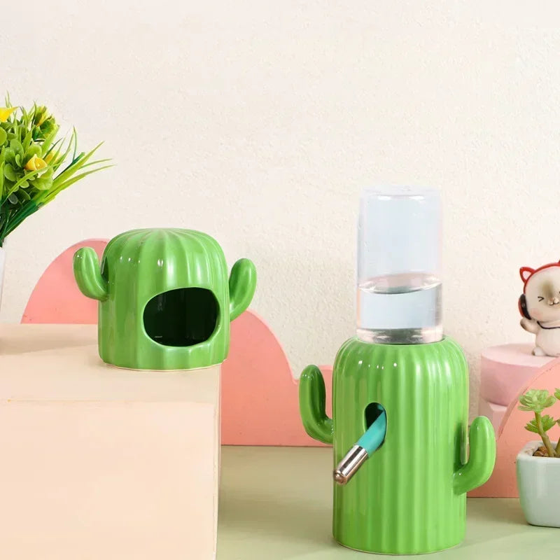 Hamster Ceramic Nest Green Cactus Theme Feeding Bowl Water Bottle Holder