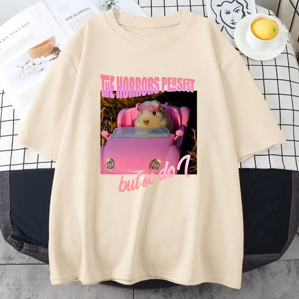 Sad hamster horror continues, but I am the same T-shirt with pink pattern printed cartoon T-shirt, women's soft T-shirt