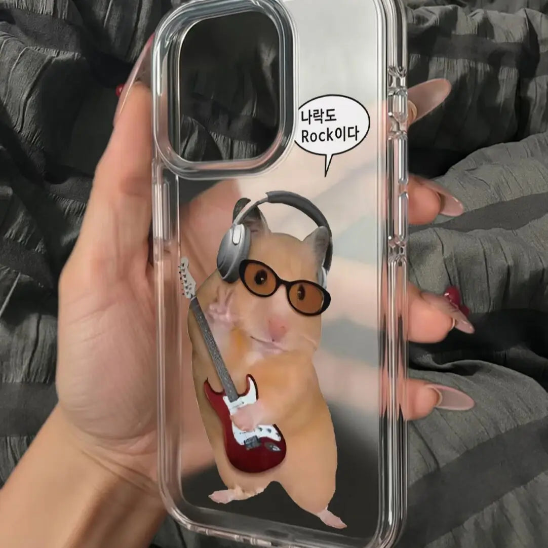 Korean Ins Funny Rockstar Hamster Clear Phone Case for iPhone 11 12 13 14 15 16 17 Air Pro Max Cute Simple Y2K Shockproof Cover