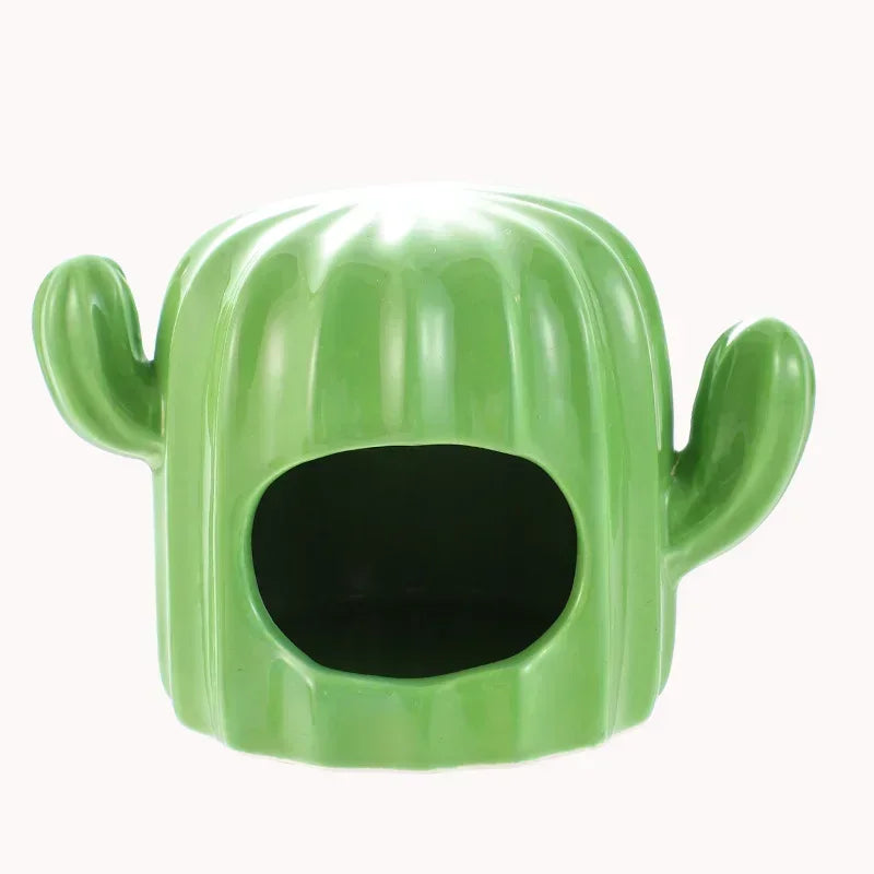 Hamster Ceramic Nest Green Cactus Theme Feeding Bowl Water Bottle Holder