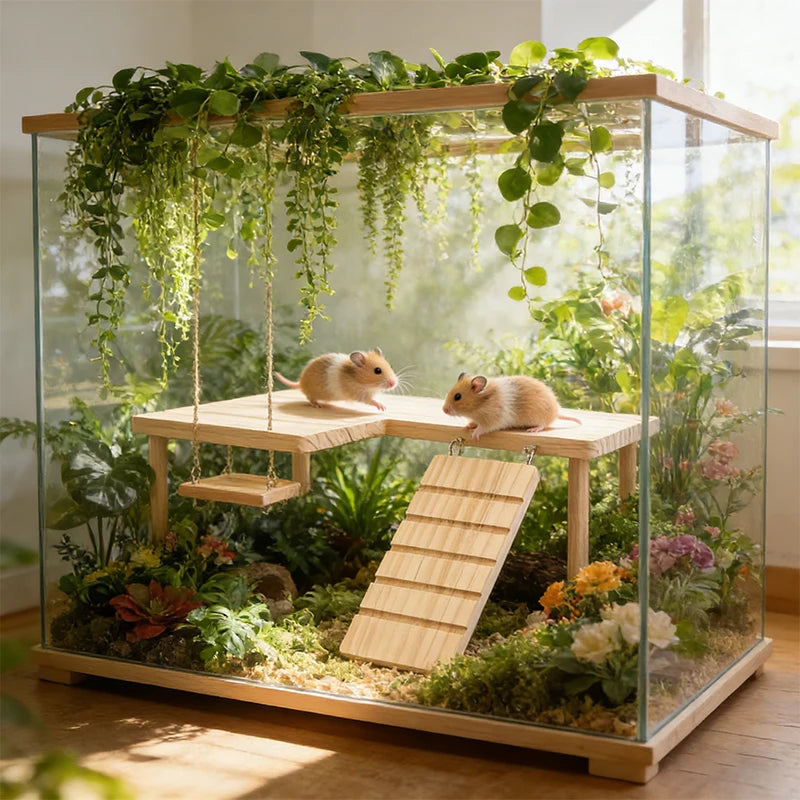 Thick L-shaped Wooden Hamster Platform with Stairs Climbing Hideout