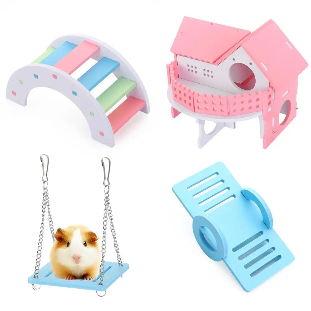 1 Pieces Hamster Toys Set Include Wooden Hamster House Rainbow Bridge Cozy for Burrowly cozy hides and small pet care.