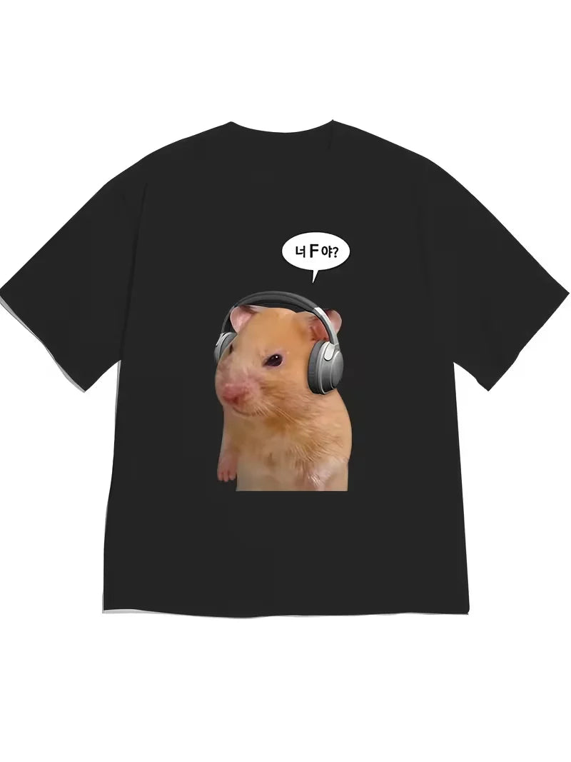 Funny Hamster Headphones Graphic T-Shirt, Cute Meme Print Round Neck Short Sleeve Tee, Casual Daily Top for Wear Women's T-shirt