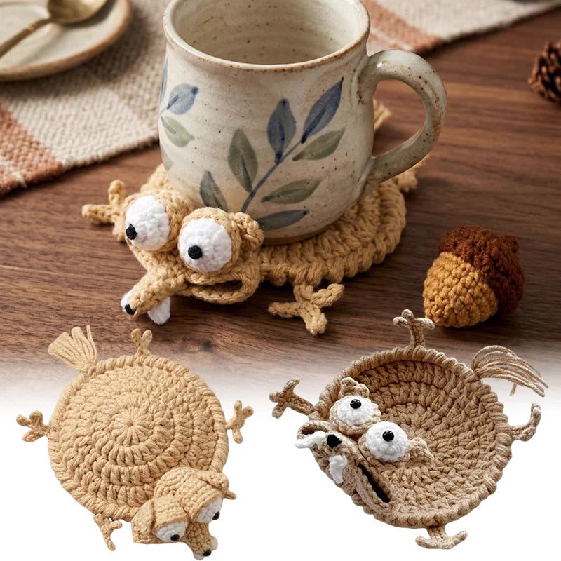 Cute Knitted Squirrel Coasters Funny Handwoven Squirrel Shaped Mug Mats Absorbent Desk Accessories for Coffee Tea Cup Home Decor