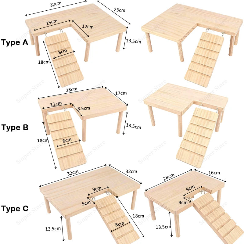 Thick L-shaped Wooden Hamster Platform with Stairs Climbing Hideout