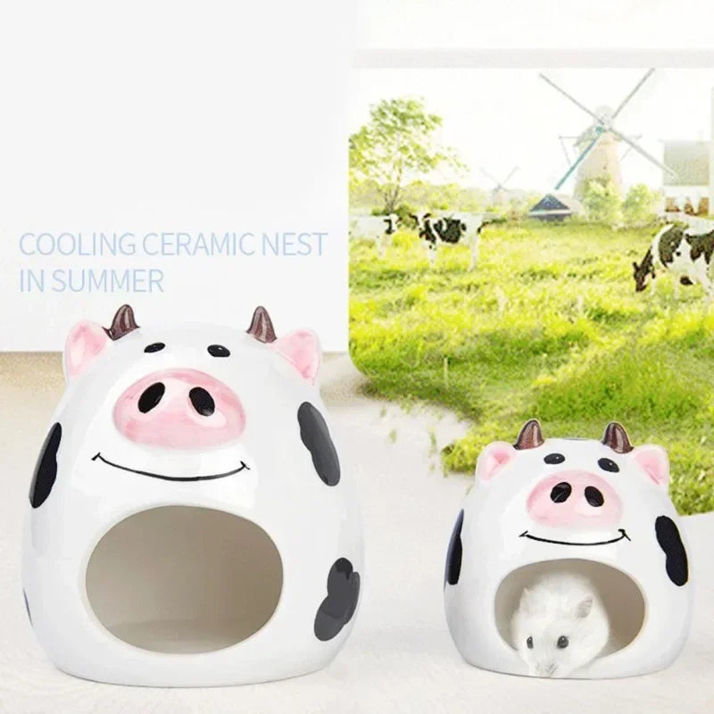 Summer Cooling Ceramic Nest Cartoon Cow Mini Pet Bed for Hamster Golden