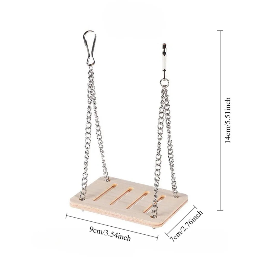 Wooden swing bridge toy for hamster enrichment from Burrowly.