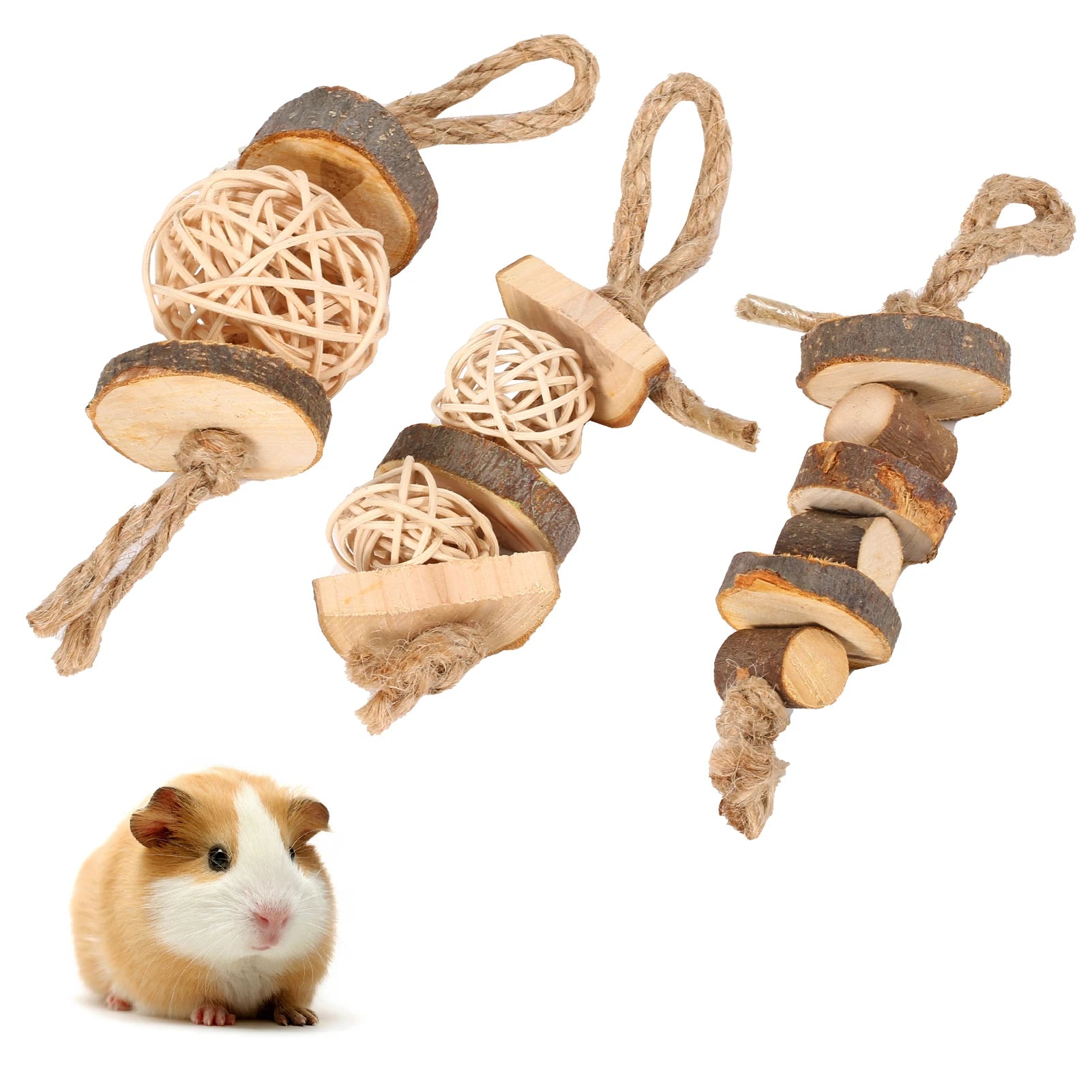 Three piece chew toy set for hamster, guinea pig, rabbit, and chinchilla enrichment.