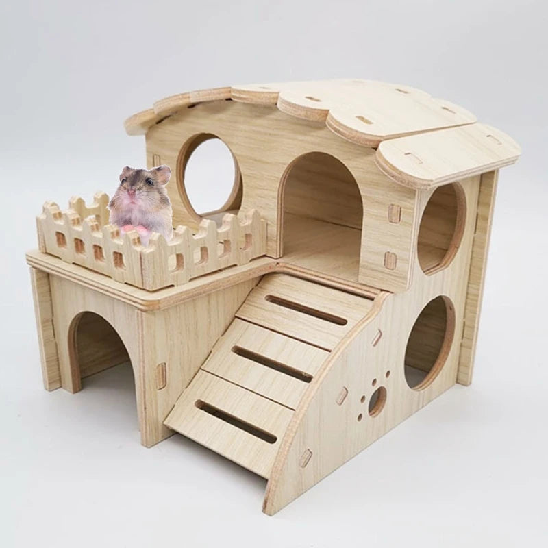 Pet Small Animal Hideout Hamster House Luxury Two Layers Wooden Climbing