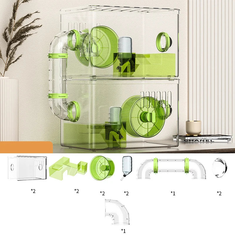 1 Piece of Large Acrylic Hamster Cage with Full Set of Supplies for Golden Hamsters, Sugar Gliders, and Gerbils, Panoramic View Villa