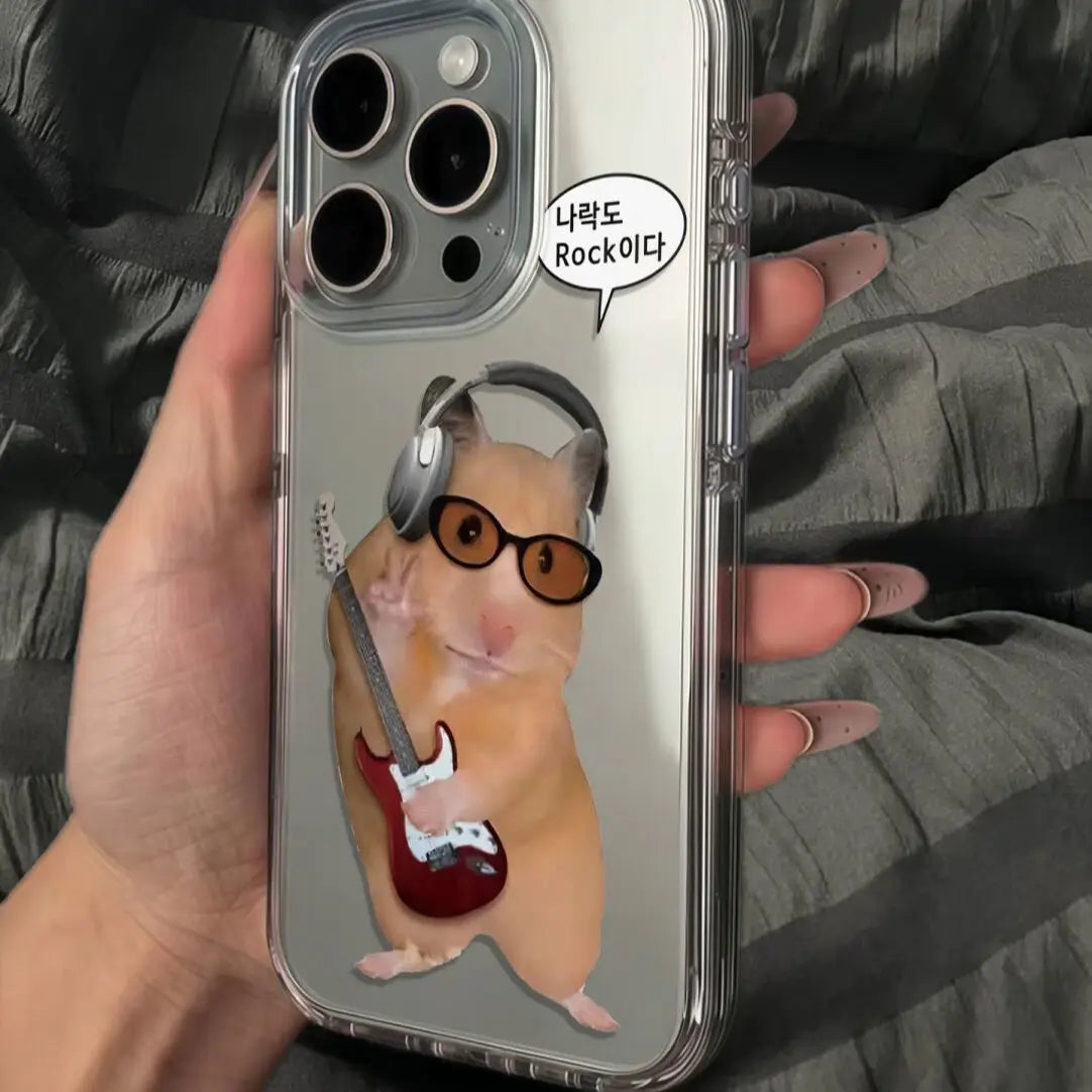 Korean Ins Funny Rockstar Hamster Clear Phone Case for iPhone 11 12 13 14 15 16 17 Air Pro Max Cute Simple Y2K Shockproof Cover