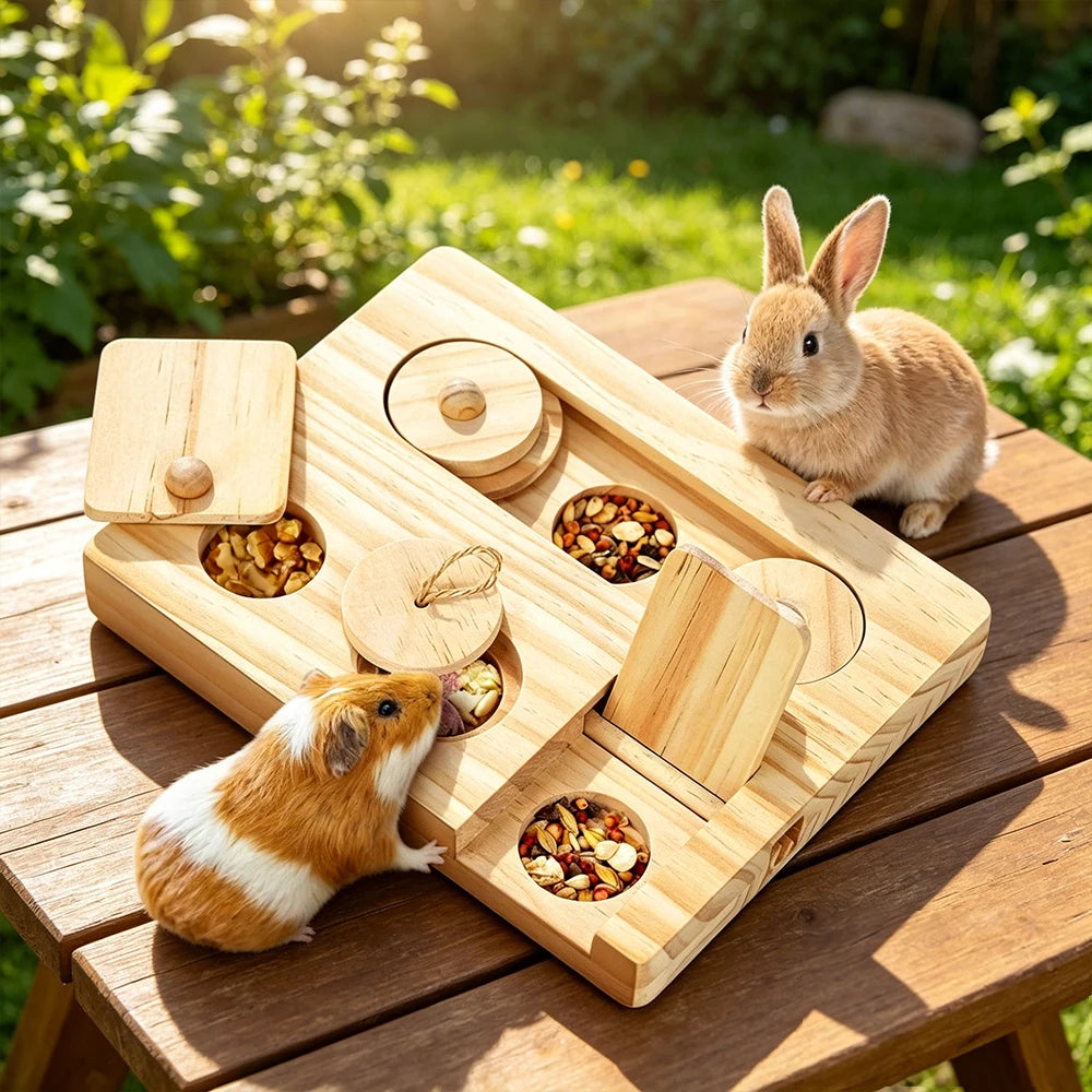 6-in-1 Wooden Foraging Toy for Guinea Pigs for guinea pigs, rabbits, hamsters, and gerbils from Burrowly small pet supplies.