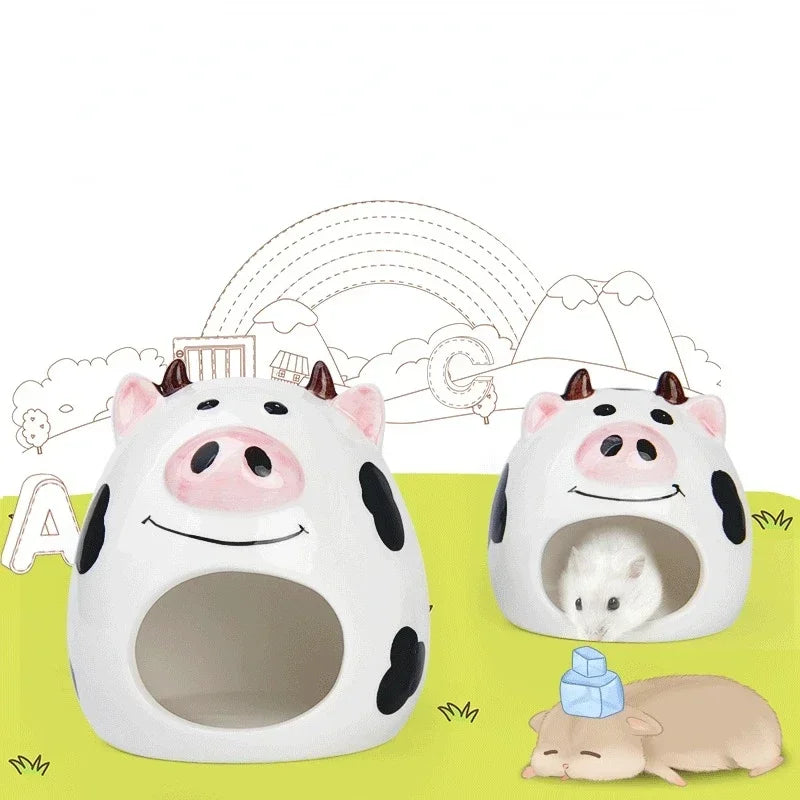 Summer Cooling Ceramic Nest Cartoon Cow Mini Pet Bed for Hamster Golden for Burrowly cozy hides and small pet care.