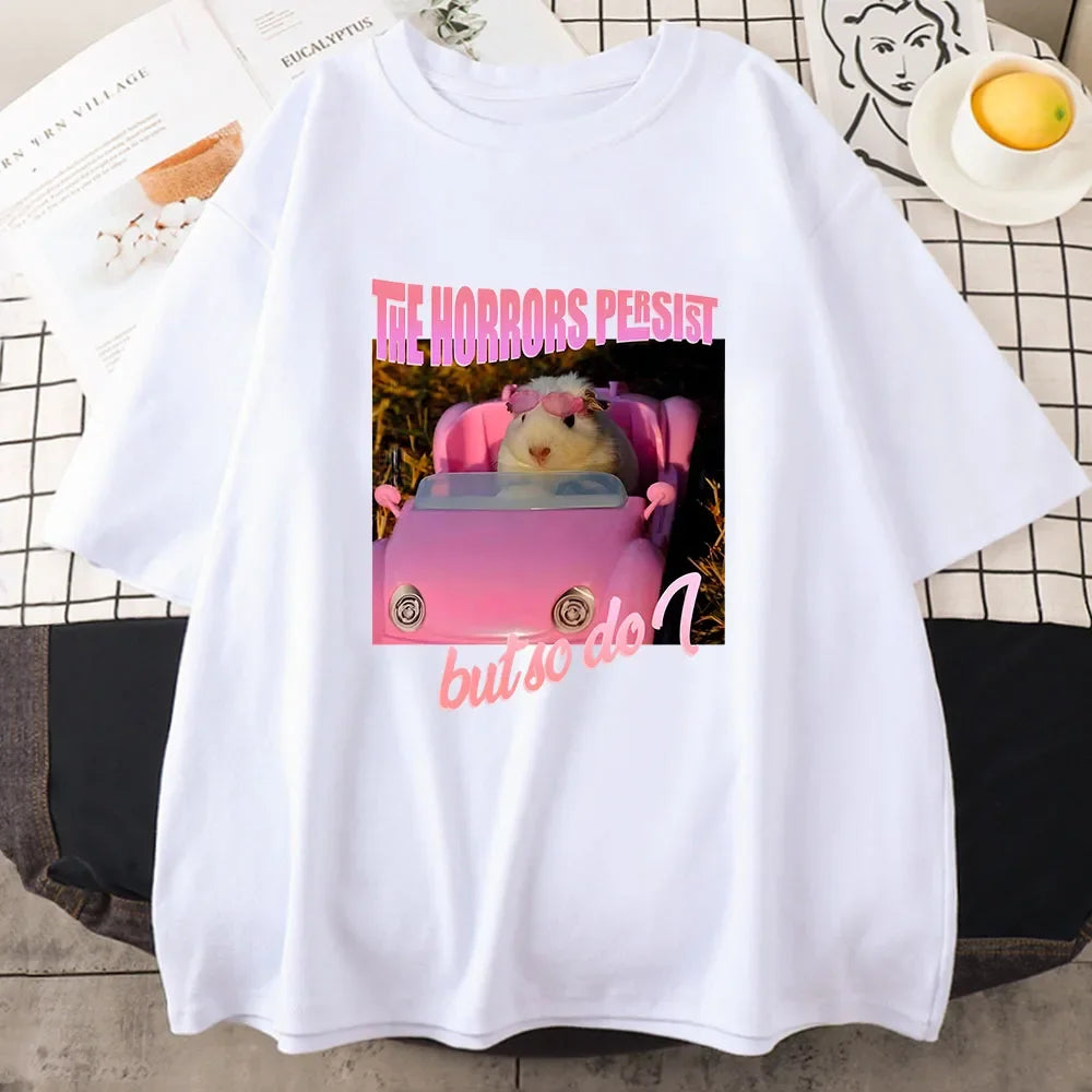 Sad hamster horror continues, but I am the same T-shirt with pink pattern printed cartoon T-shirt, women's soft T-shirt