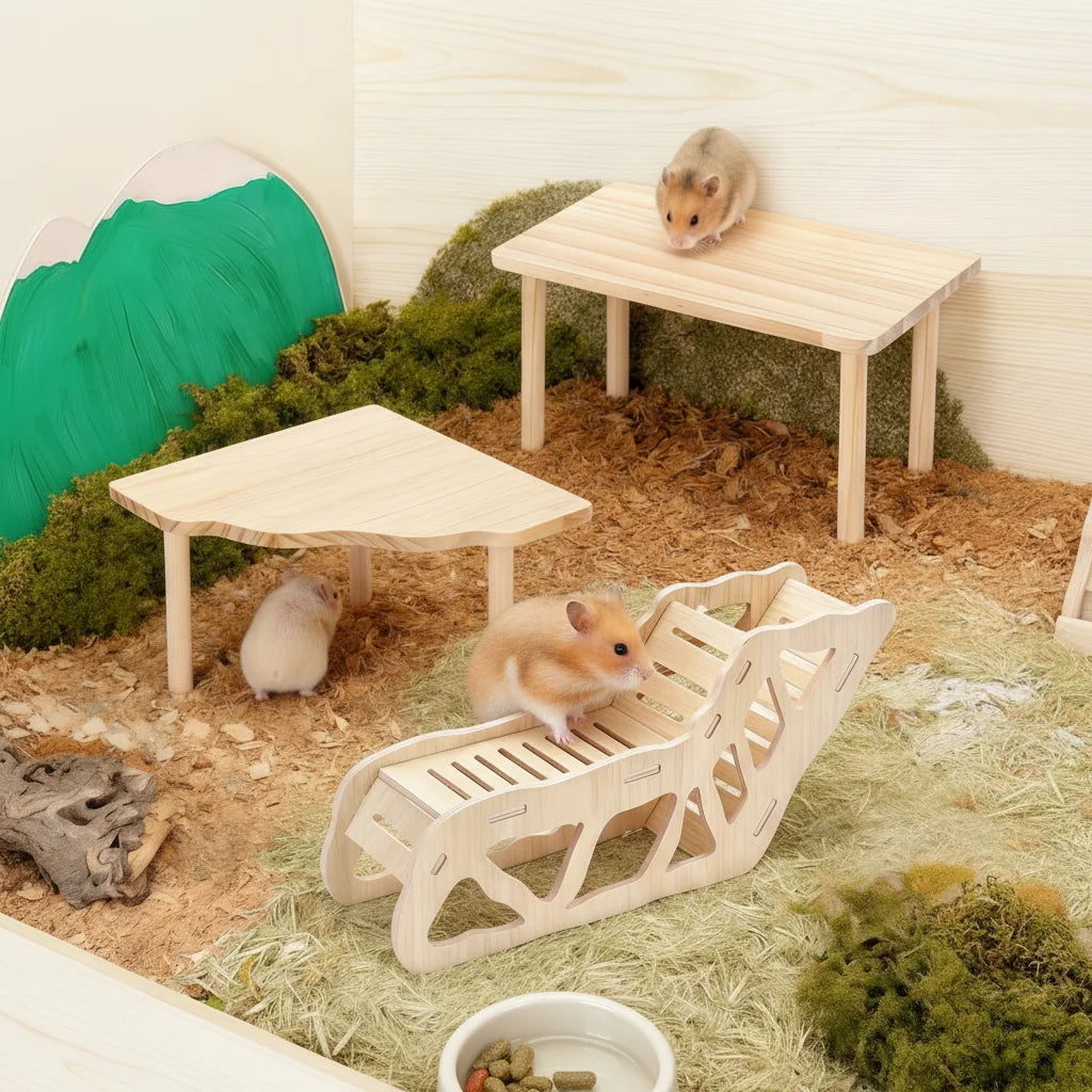 Wooden-hamster Cage with Two Level Platforms and Stairs Fan Shaped Design