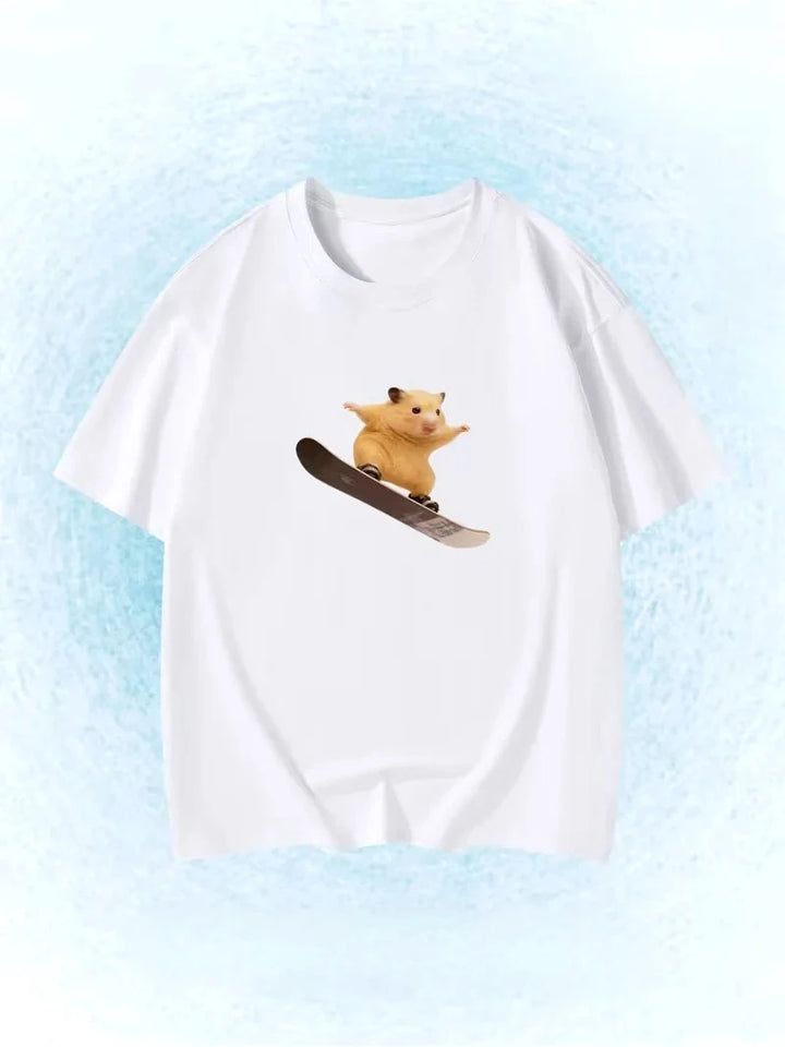 Funny Snowboarding Hamster Animal Print T-Shirt Cute Meme Loose Short Sleeve Unisex Casual Summer Top for Women Daily Y2k Tops