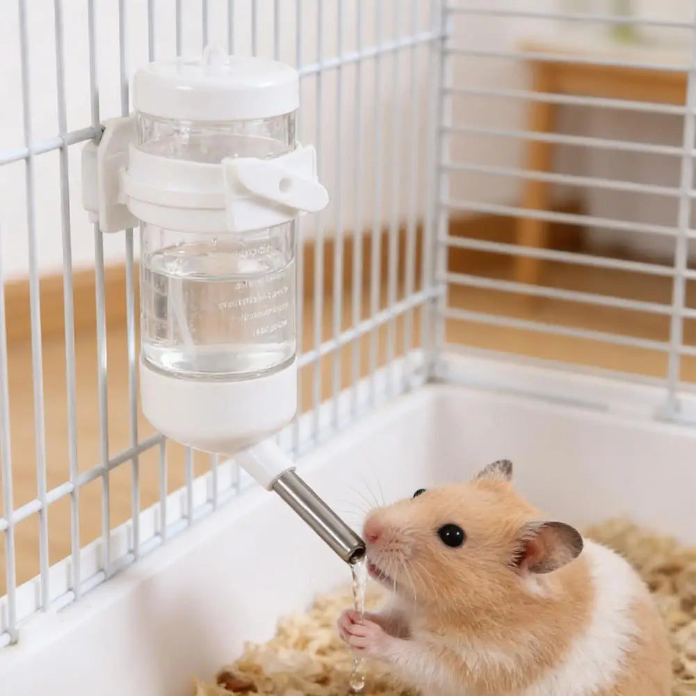 Hanging small animal water bottle for hamster and rabbit hydration from Burrowly.