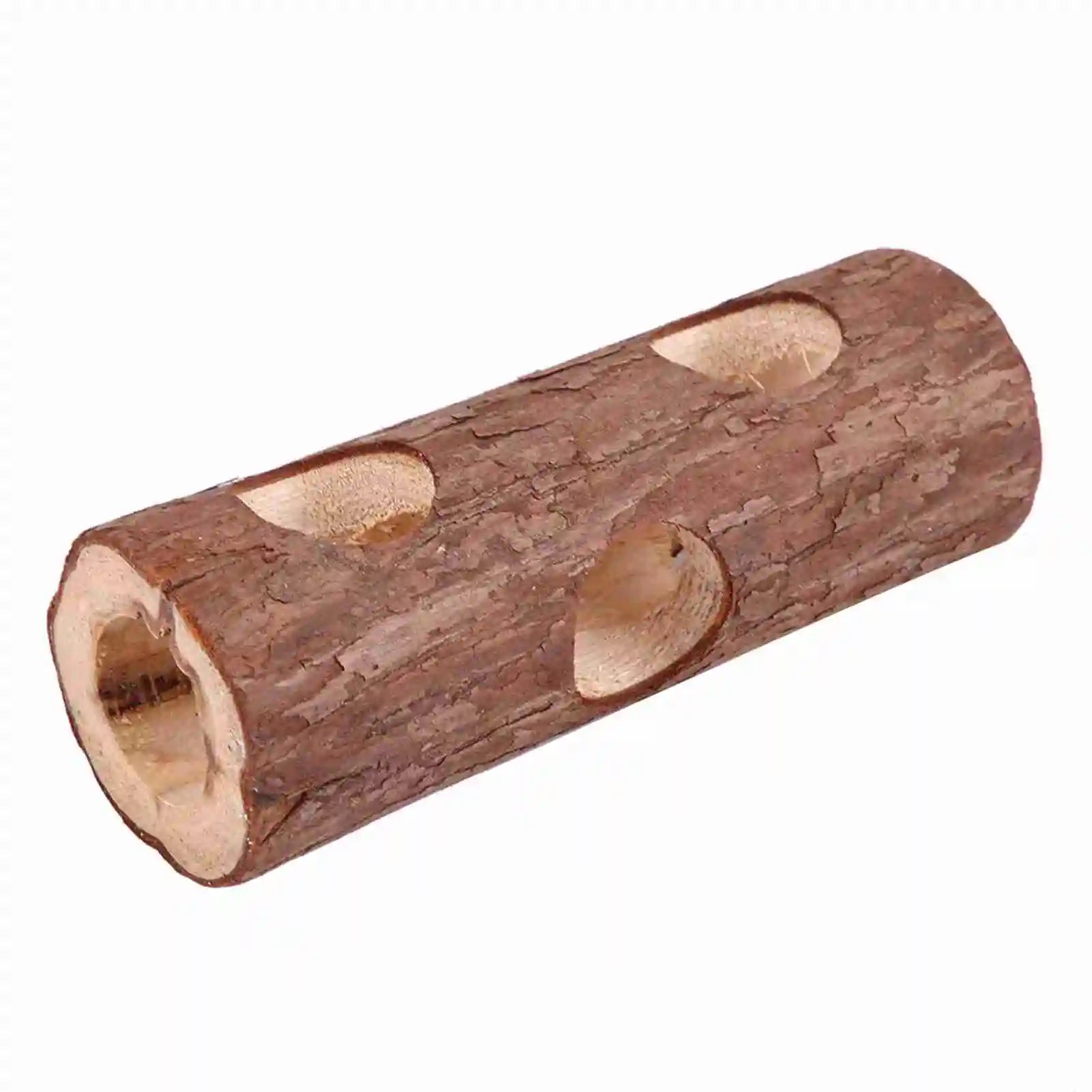 Wooden tunnel chew toy for hamster, guinea pig, and rabbit enrichment from Burrowly.