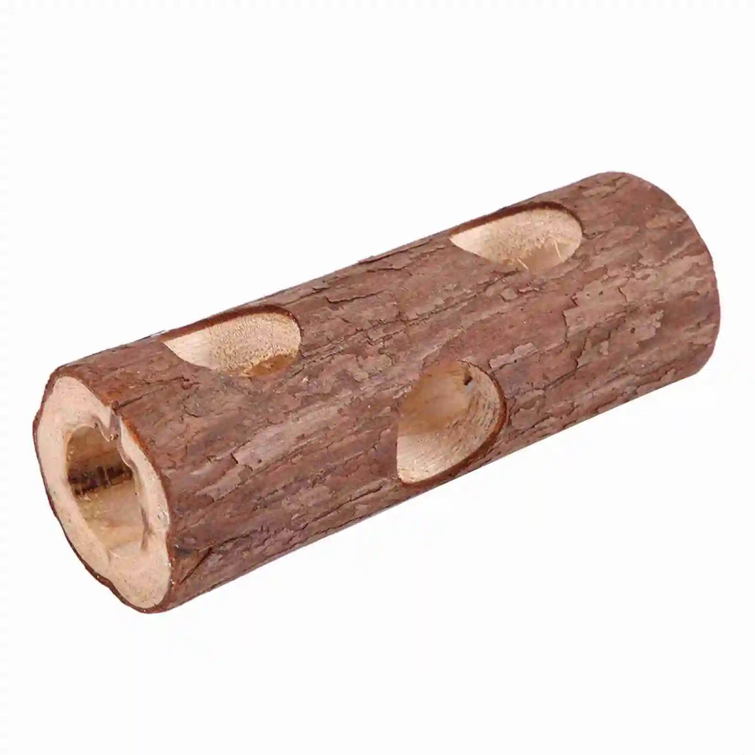 Wooden tunnel chew toy for hamster, guinea pig, and rabbit enrichment from Burrowly.