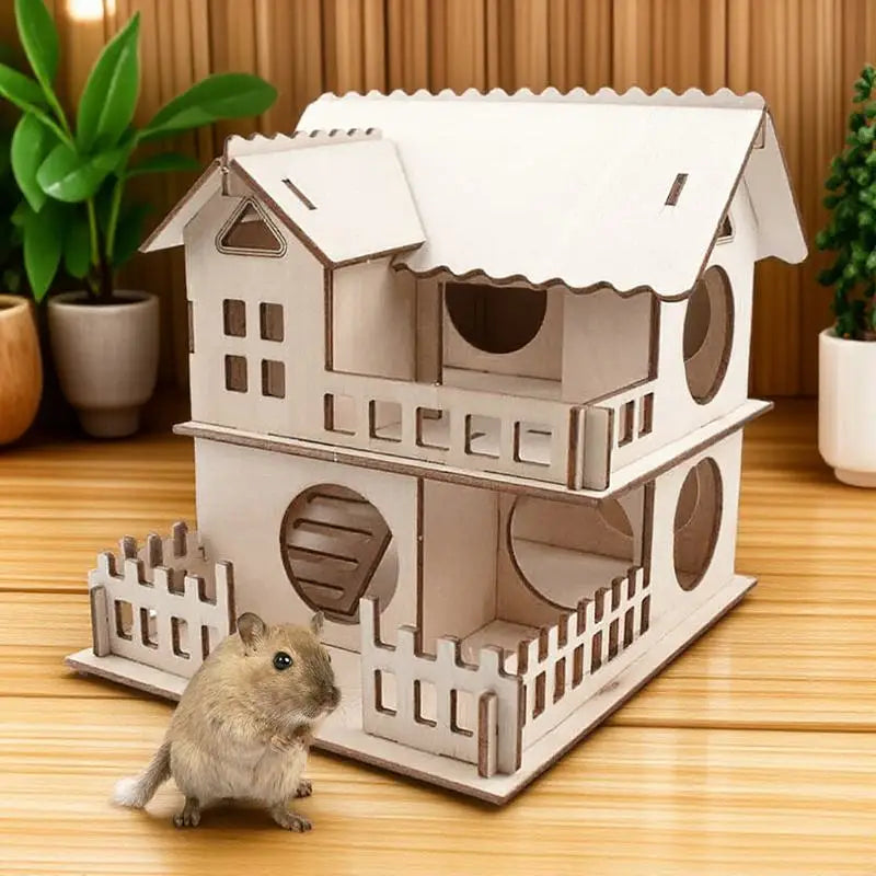 Wooden Cabin Hamster Natural Solid Wood Color DIY Painting Double Layer Villa for Hamsters Gerbils Rats with Ladder Board