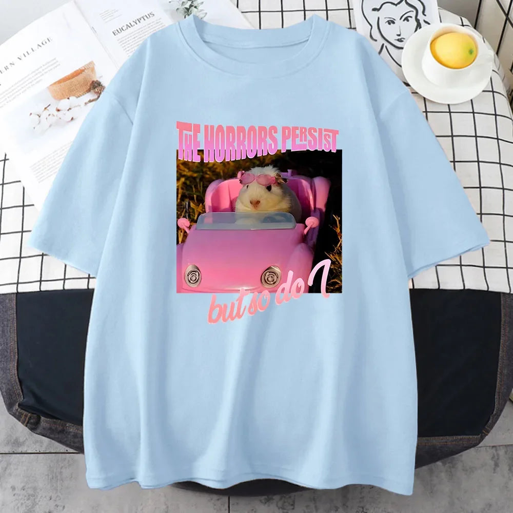 Sad hamster horror continues, but I am the same T-shirt with pink pattern printed cartoon T-shirt, women's soft T-shirt