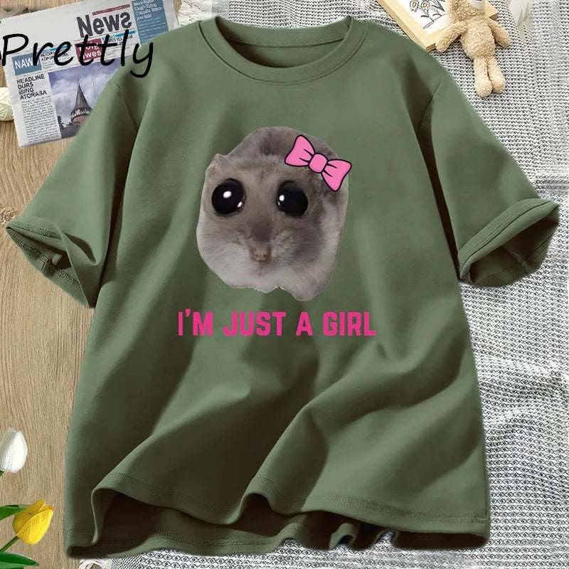 I'm Just A Girl Sad Hamster Meme T-Shirt Women Men Funny Silly T Shirts Cotton Short Sleeve Tees Unisex Fashion Streetwear Tops