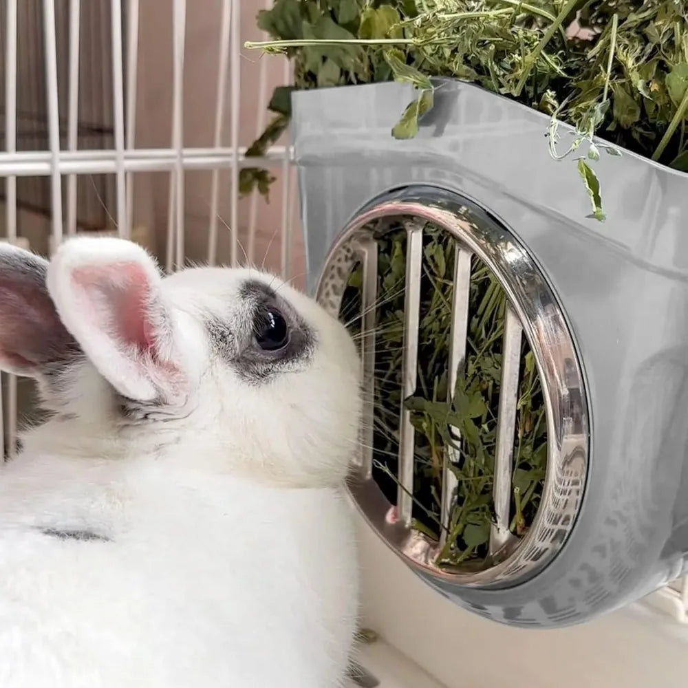 Small Animal Hay Feeder Chew-proof Abs Stainless Steel Grid Alfalfa Rack for Burrowly hay & forage and small pet care.