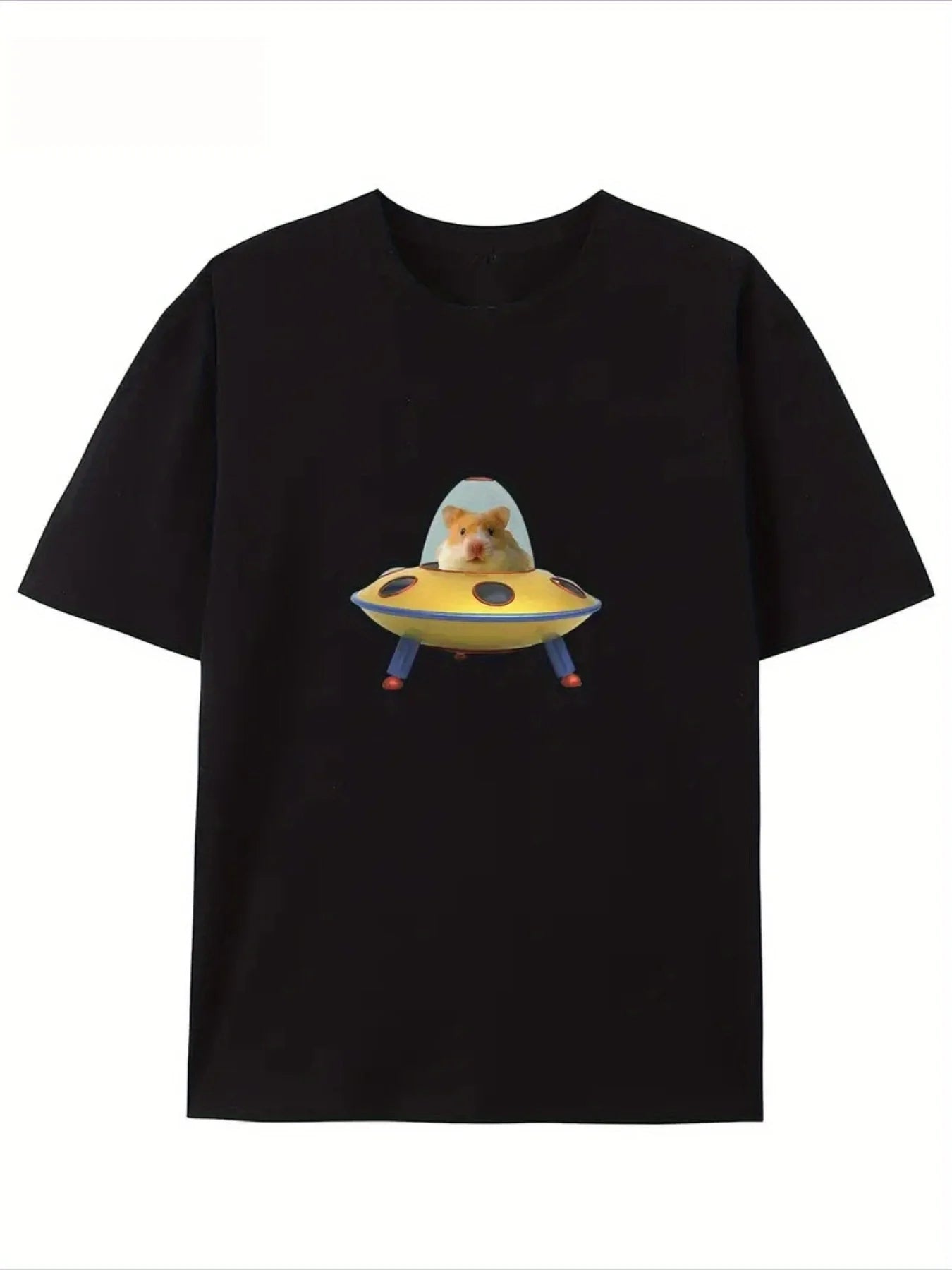 Cool "Hamster in Flying Saucer" UFO Print T-Shirt Casual Streetwear Cotton Tee for Hamster Fans